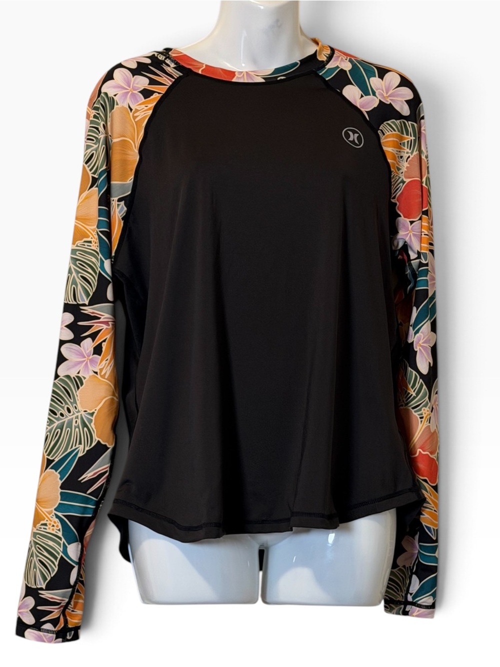 Hurley Black Rash Guard with Multicolor Floral Sleeves Size XXL Swim Shirt Beach